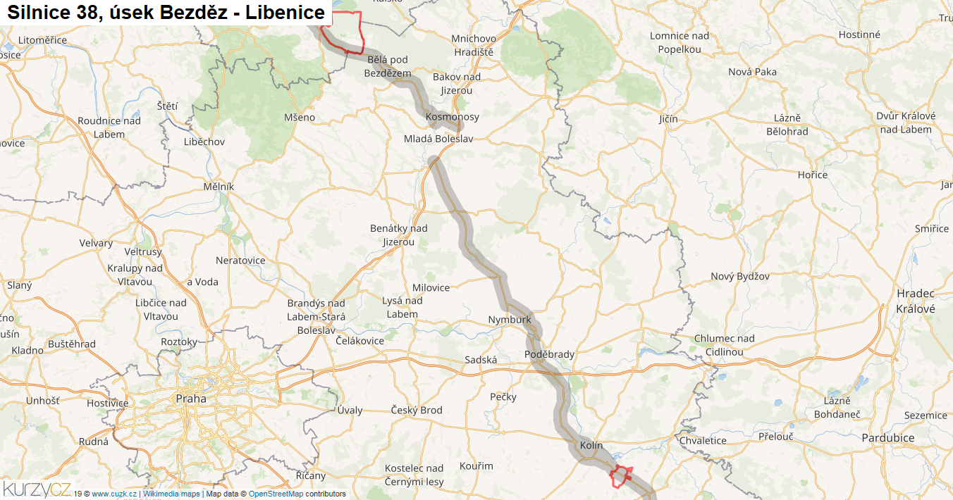 Úsek Bezděz - Libenice, Silnice 38 - Mapa