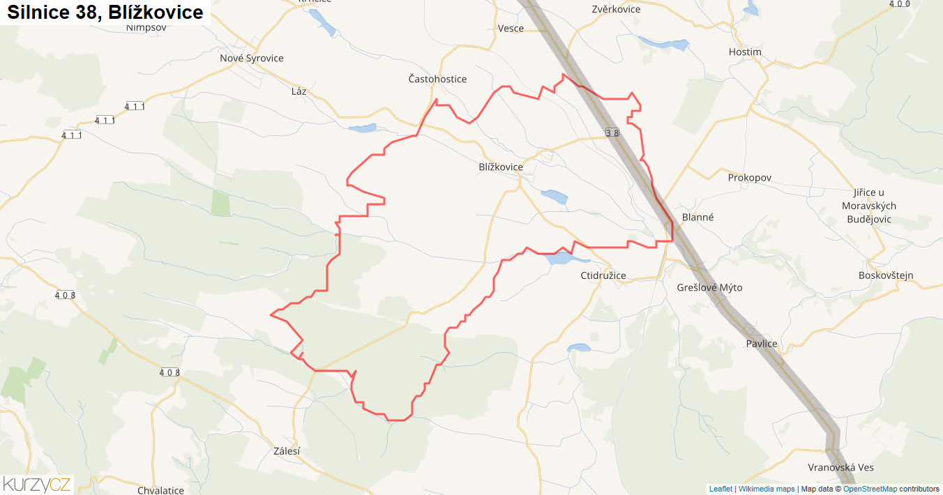 Blížkovice, Silnice 38 - Mapa
