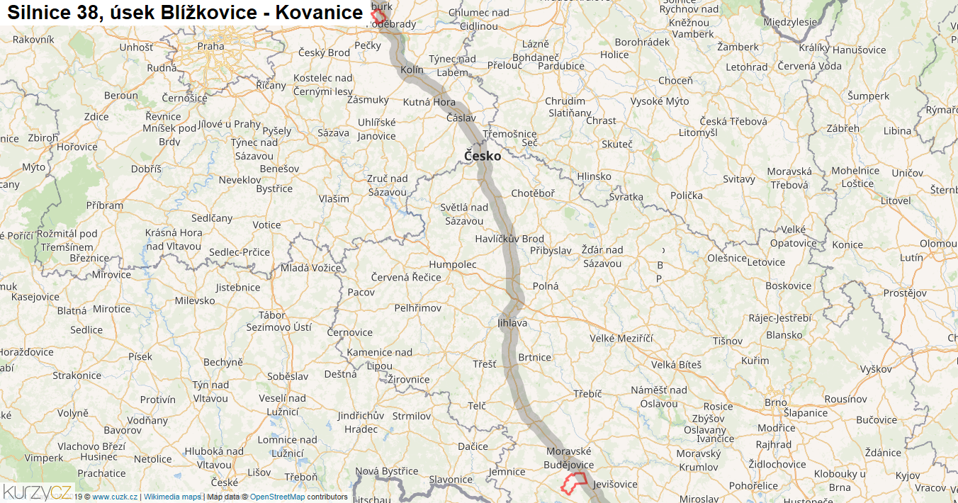 Úsek Blížkovice - Kovanice, Silnice 38 - Mapa