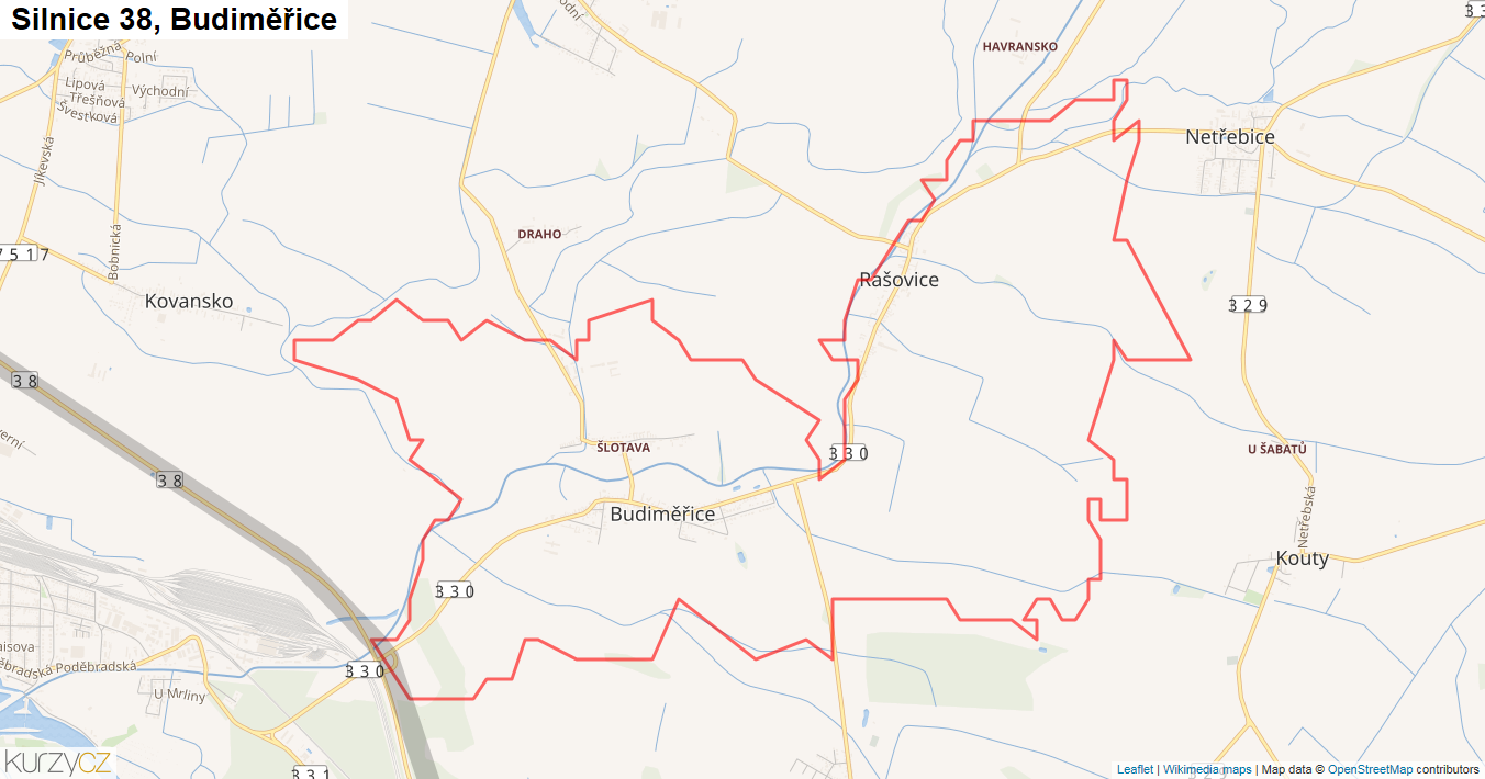 Budiměřice, Silnice 38 - Mapa