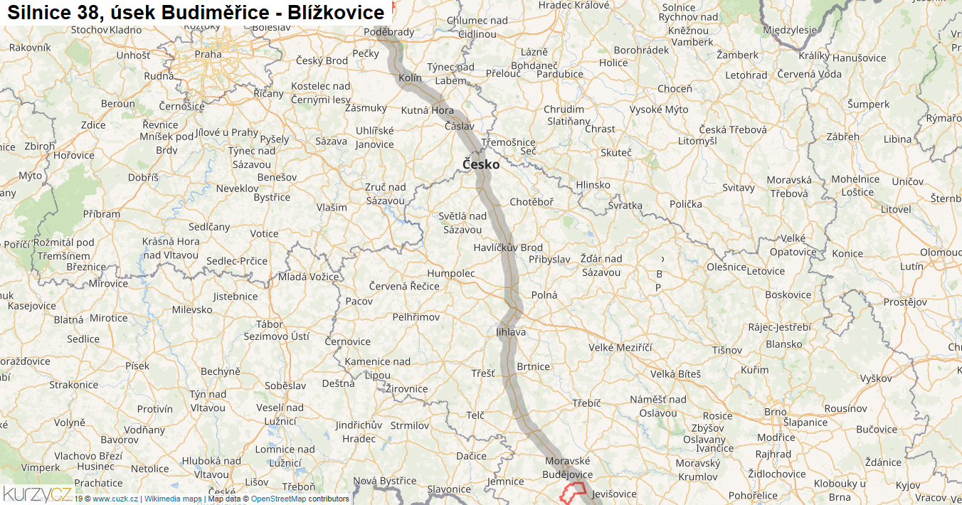 Úsek Budiměřice - Blížkovice, Silnice 38 - Mapa