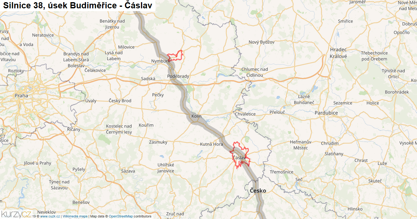 Úsek Budiměřice - Čáslav, Silnice 38 - Mapa