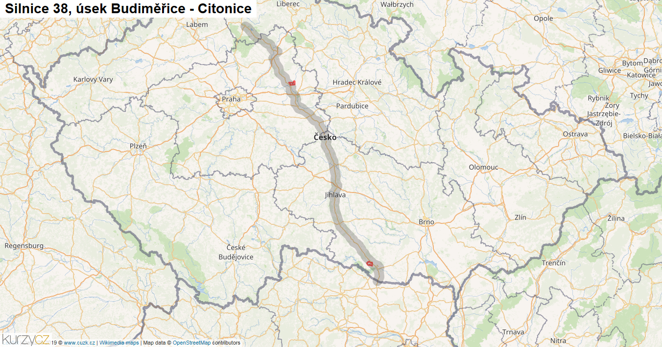 Úsek Budiměřice - Citonice, Silnice 38 - Mapa