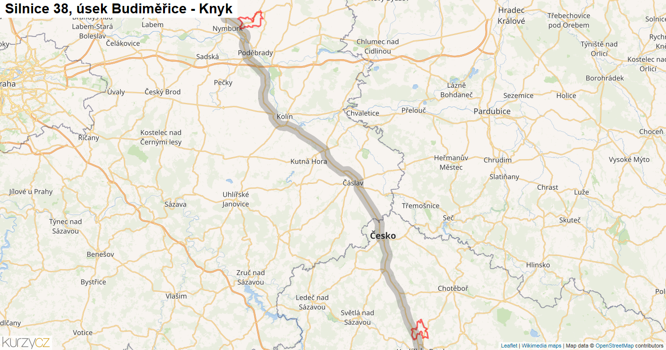 Úsek Budiměřice - Knyk, Silnice 38 - Mapa