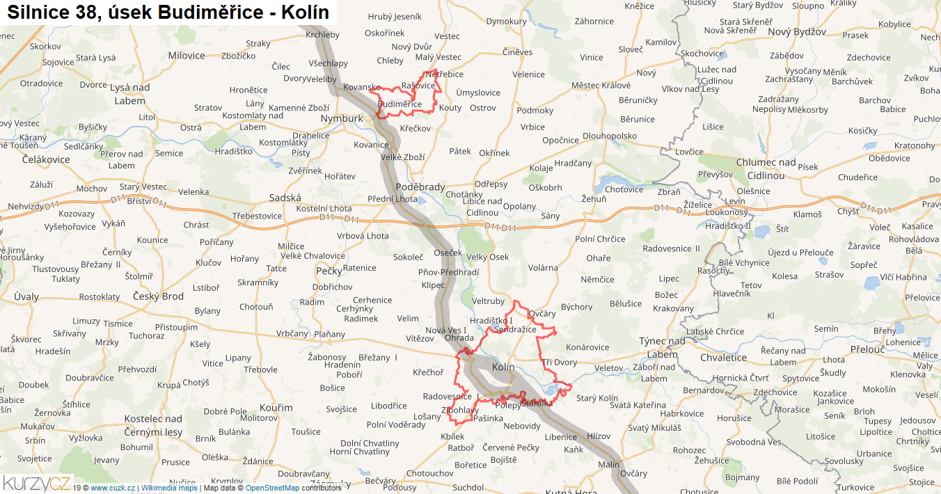 Úsek Budiměřice - Kolín, Silnice 38 - Mapa