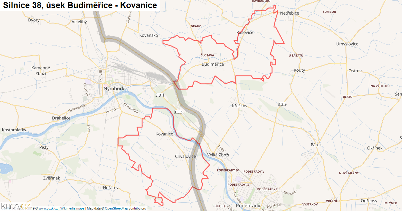 Úsek Budiměřice - Kovanice, Silnice 38 - Mapa