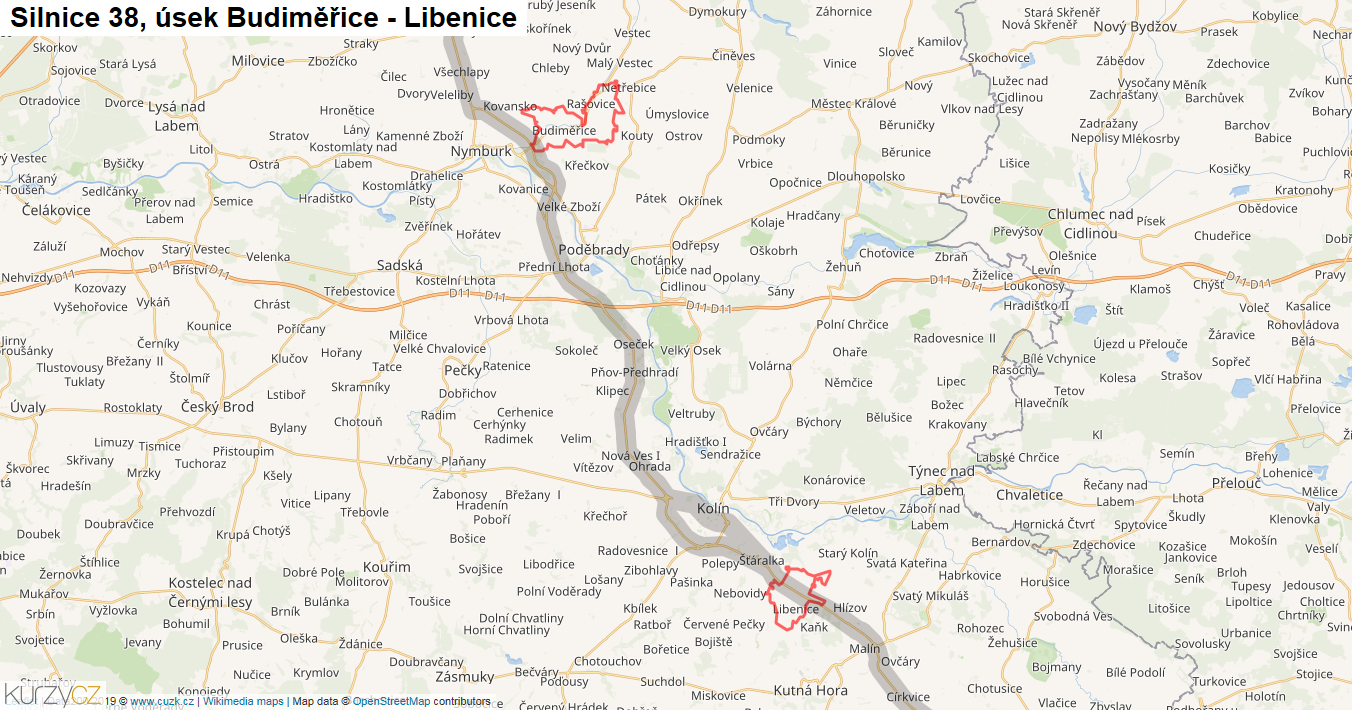 Úsek Budiměřice - Libenice, Silnice 38 - Mapa