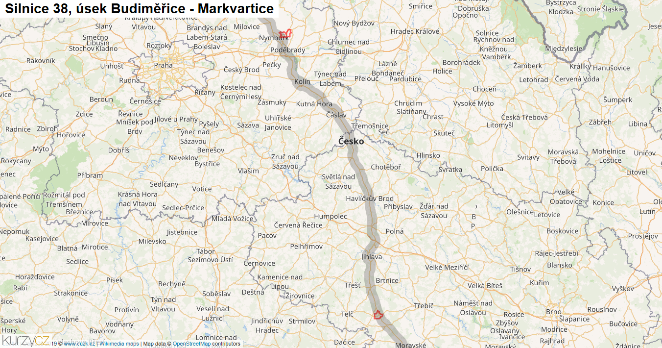 Úsek Budiměřice - Markvartice, Silnice 38 - Mapa