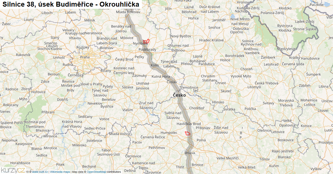 Úsek Budiměřice - Okrouhlička, Silnice 38 - Mapa