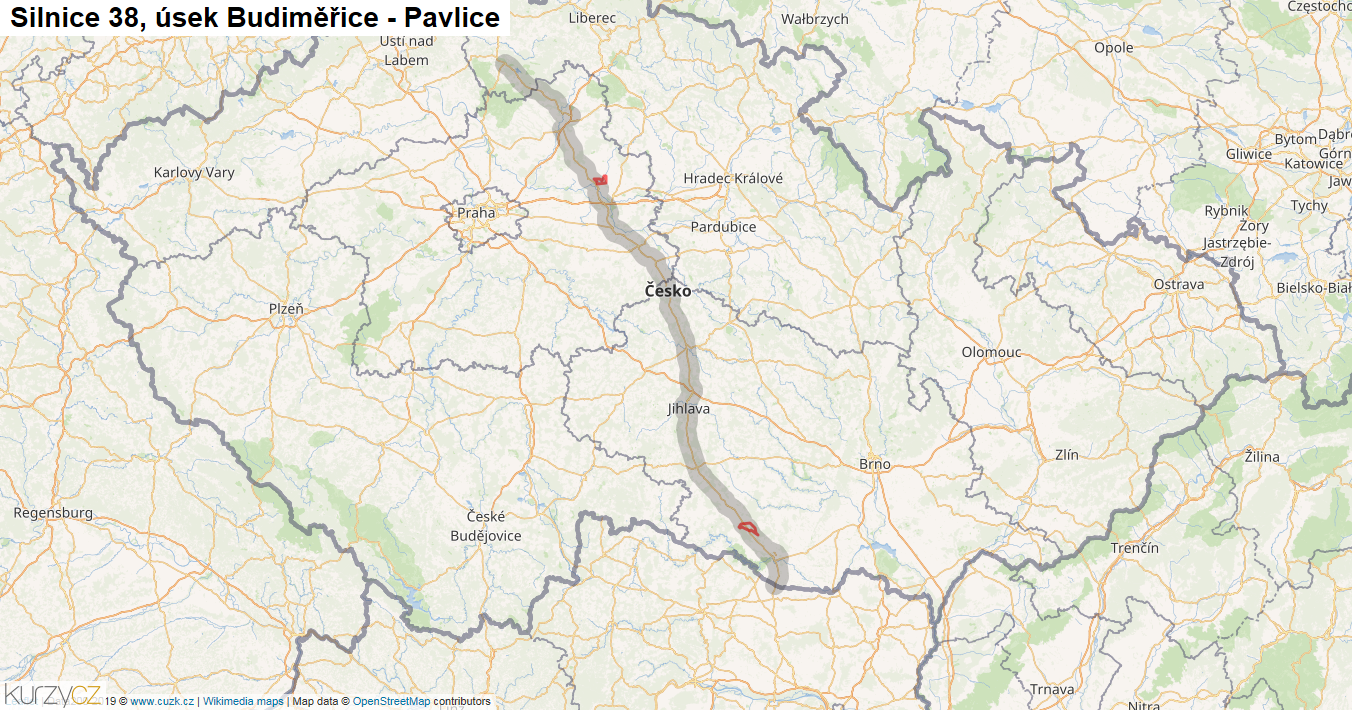 Úsek Budiměřice - Pavlice, Silnice 38 - Mapa