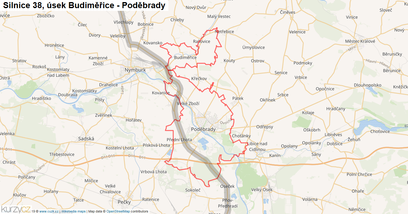 Úsek Budiměřice - Poděbrady, Silnice 38 - Mapa