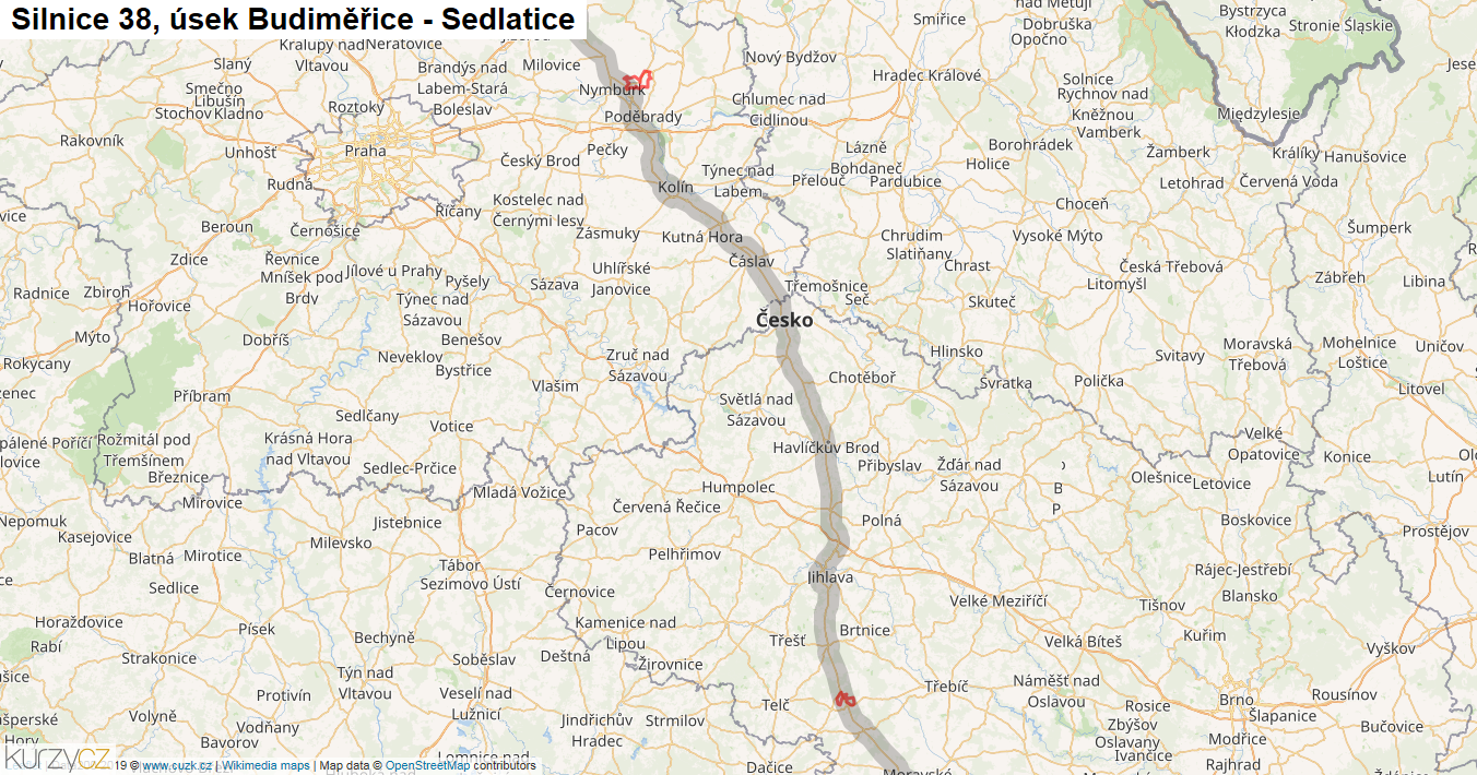 Úsek Budiměřice - Sedlatice, Silnice 38 - Mapa