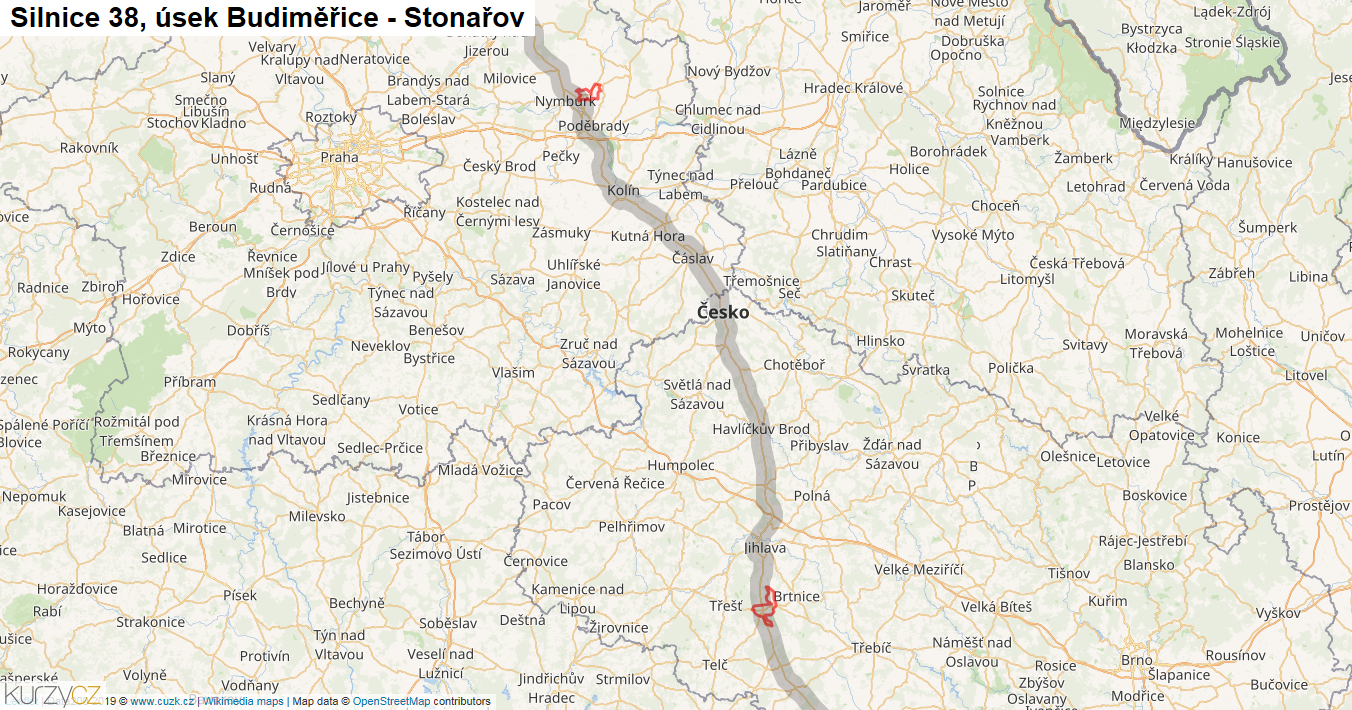 Úsek Budiměřice - Stonařov, Silnice 38 - Mapa