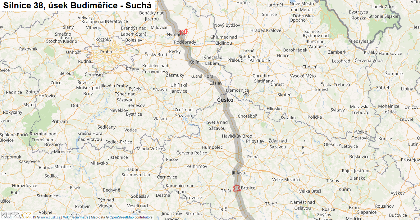 Úsek Budiměřice - Suchá, Silnice 38 - Mapa