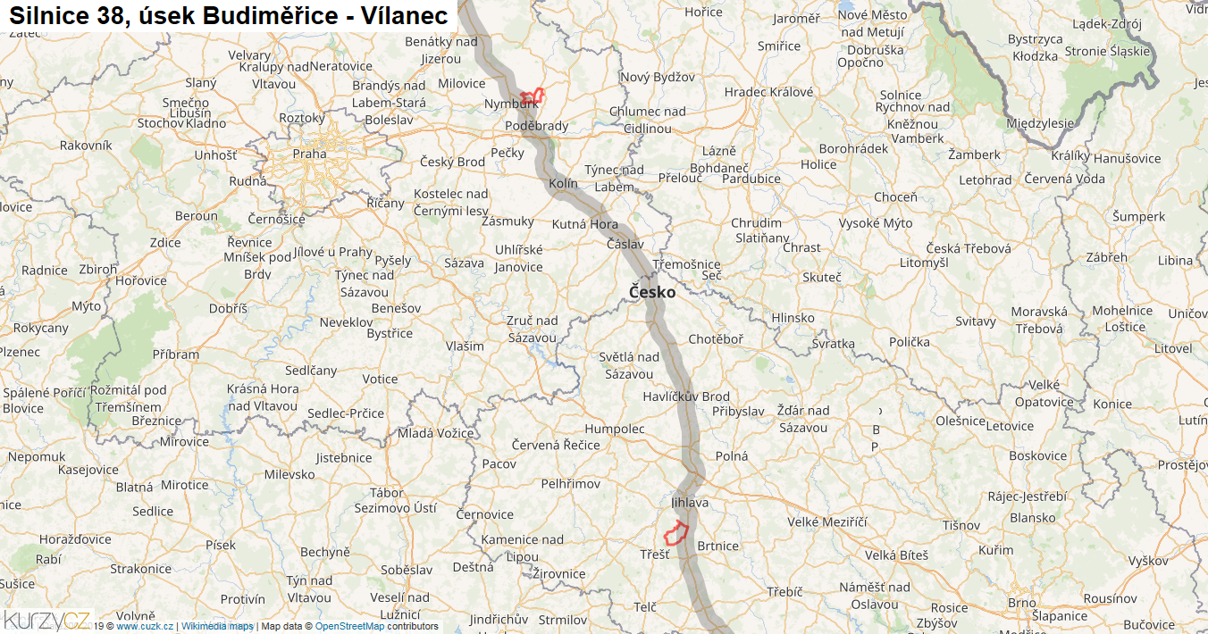 Úsek Budiměřice - Vílanec, Silnice 38 - Mapa