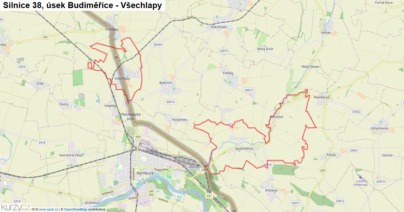 Úsek Budiměřice - Všechlapy, Silnice 38 - Mapa