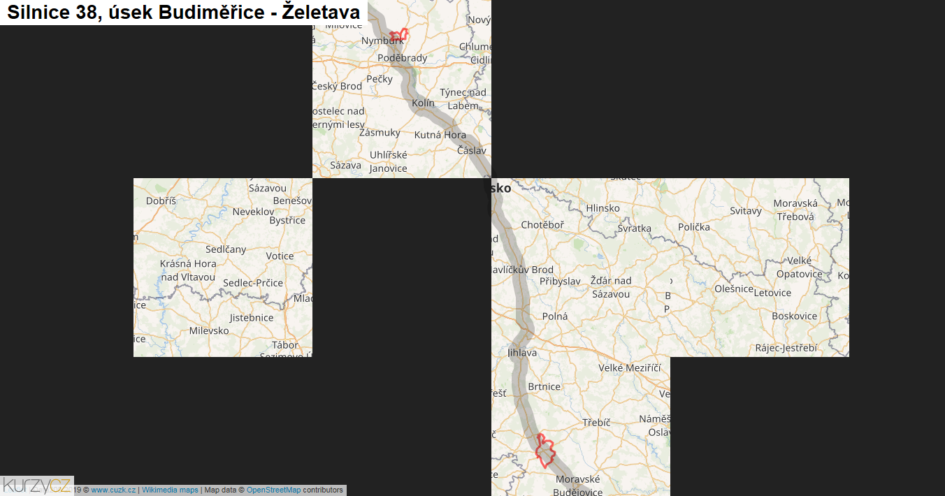 Úsek Budiměřice - Želetava, Silnice 38 - Mapa