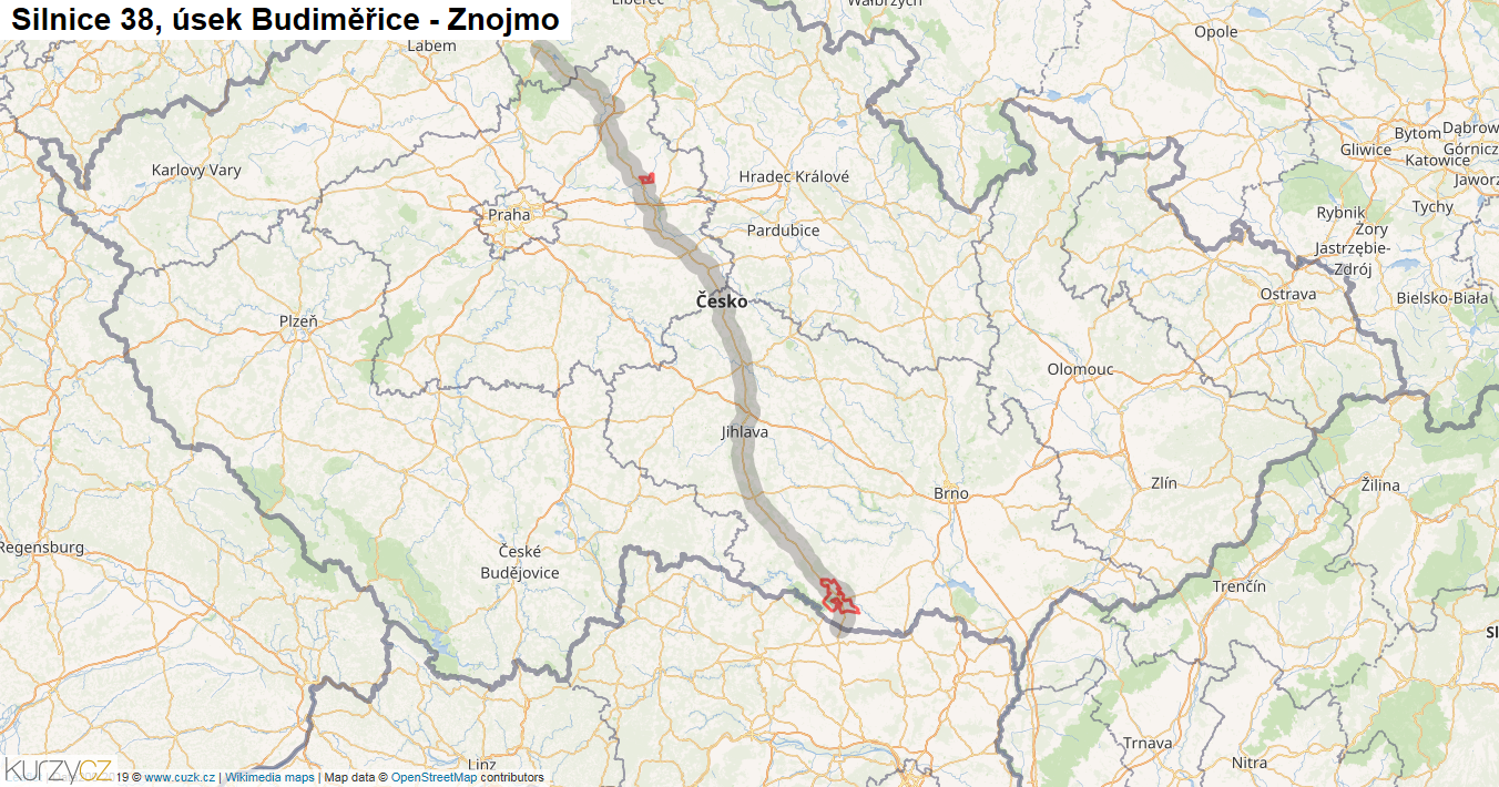 Úsek Budiměřice - Znojmo, Silnice 38 - Mapa