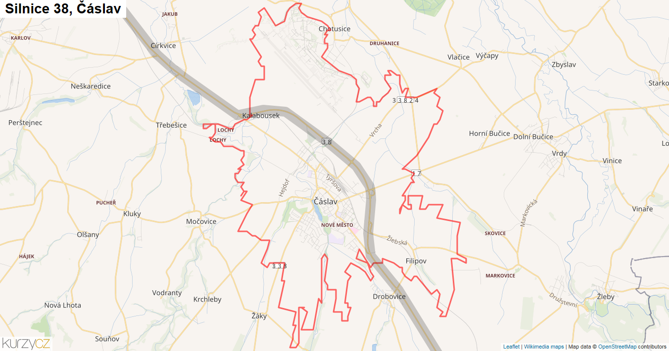 Čáslav, Silnice 38 - Mapa