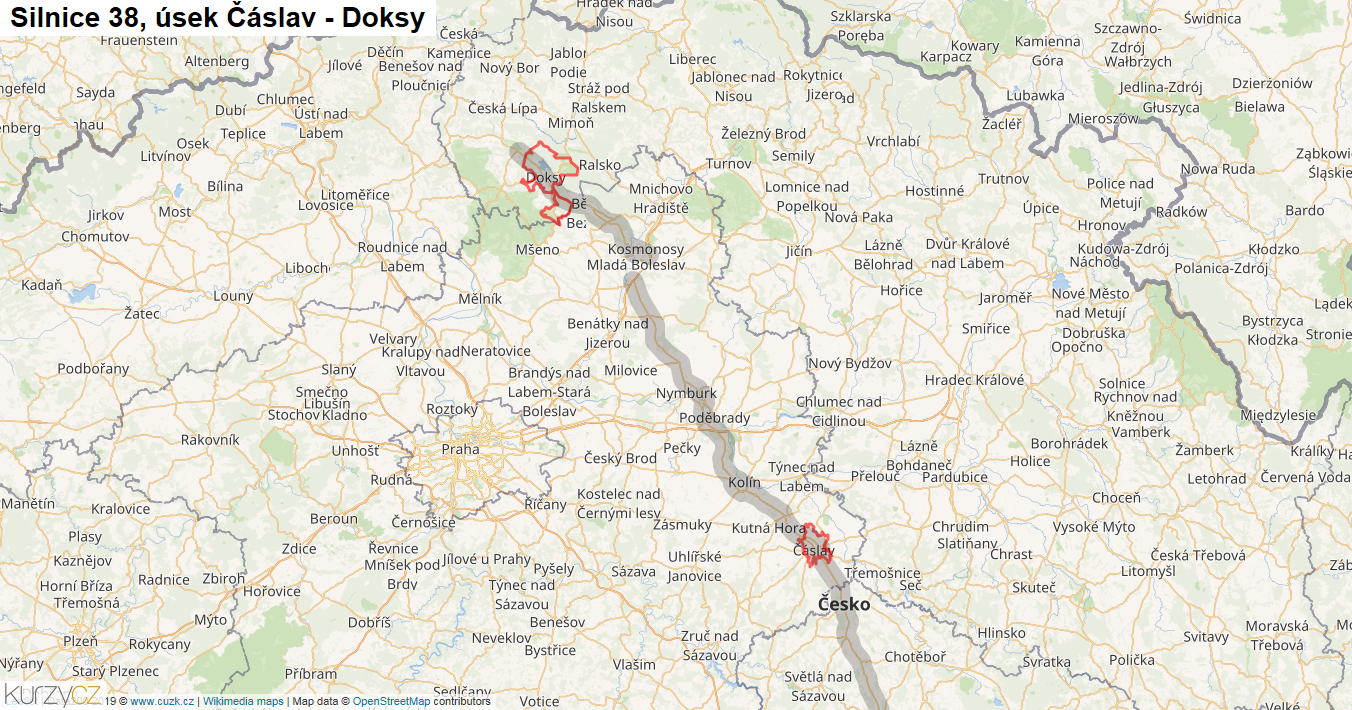 Úsek Čáslav - Doksy, Silnice 38 - Mapa