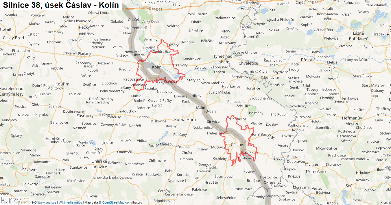 Úsek Čáslav - Kolín, Silnice 38 - Mapa
