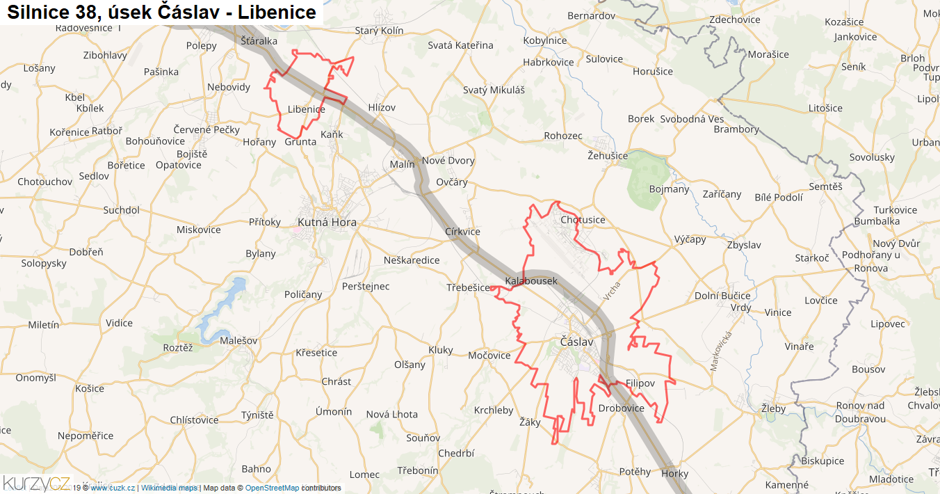 Úsek Čáslav - Libenice, Silnice 38 - Mapa