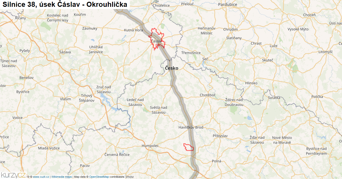 Úsek Čáslav - Okrouhlička, Silnice 38 - Mapa