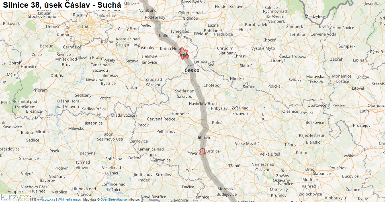 Úsek Čáslav - Suchá, Silnice 38 - Mapa