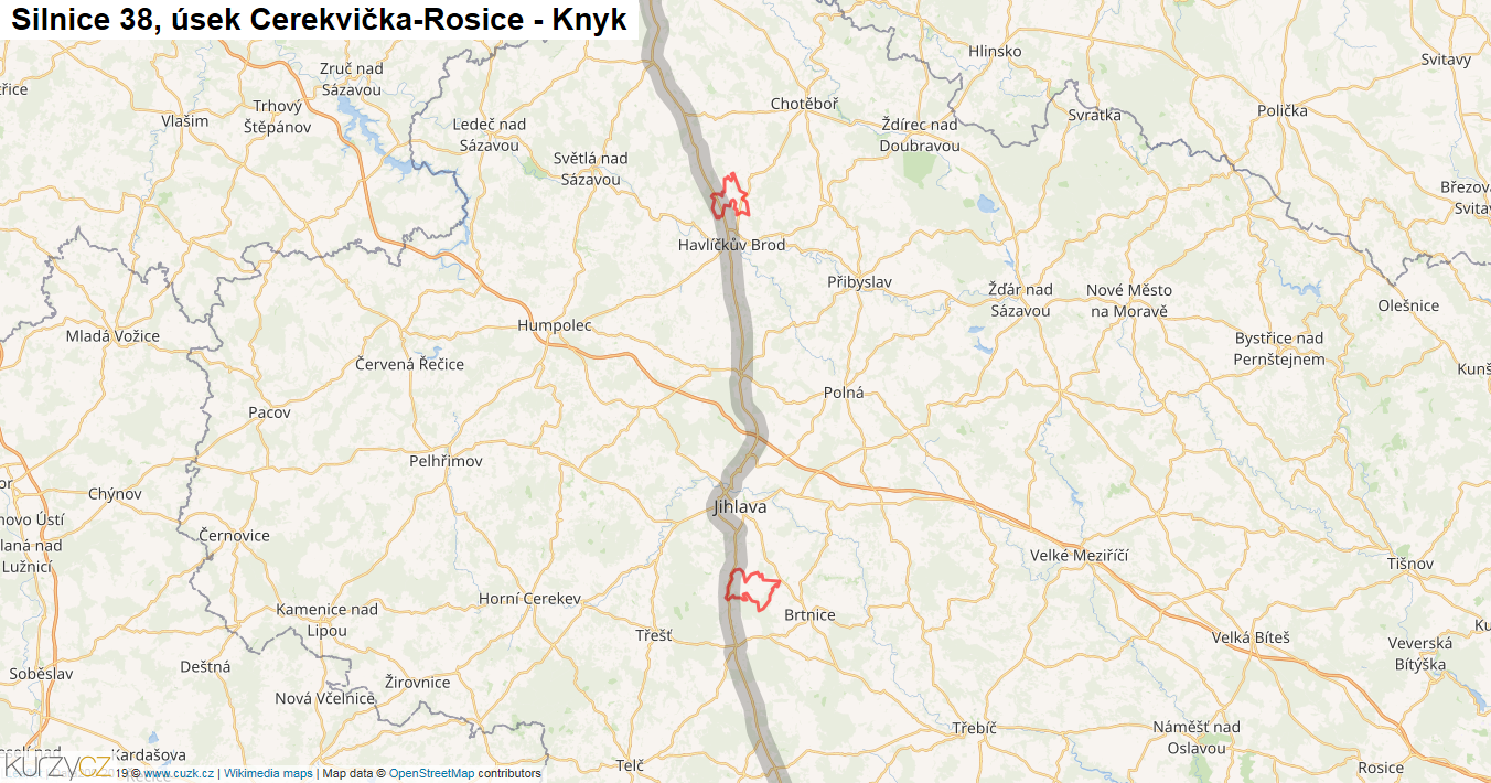 Úsek Cerekvička-Rosice - Knyk, Silnice 38 - Mapa