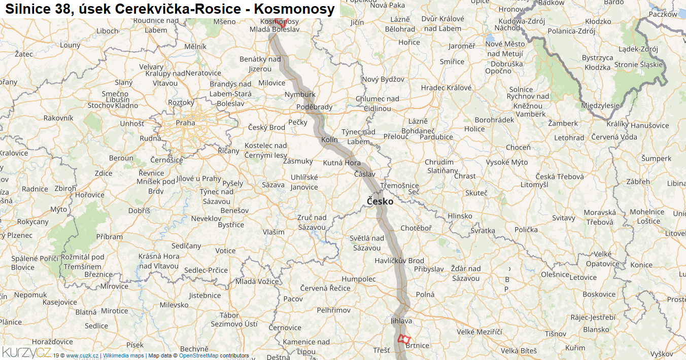 Úsek Cerekvička-Rosice - Kosmonosy, Silnice 38 - Mapa