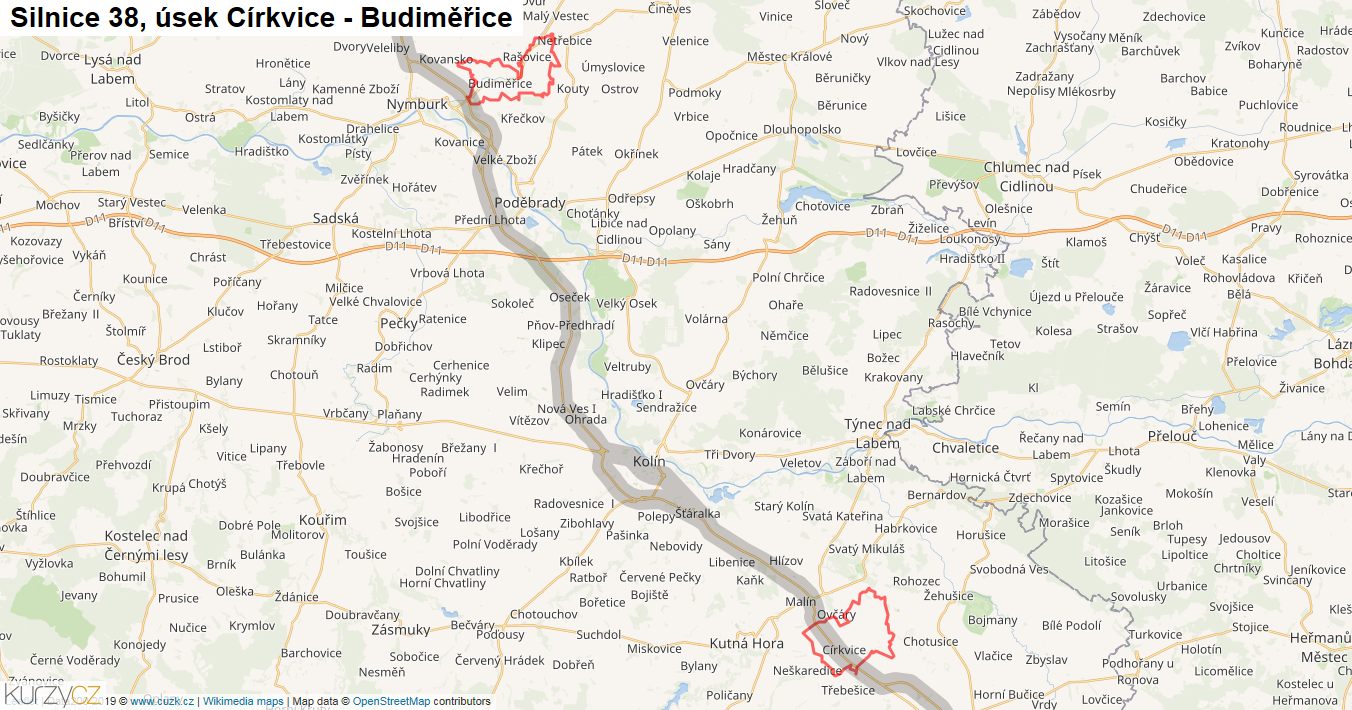 Úsek Církvice - Budiměřice, Silnice 38 - Mapa