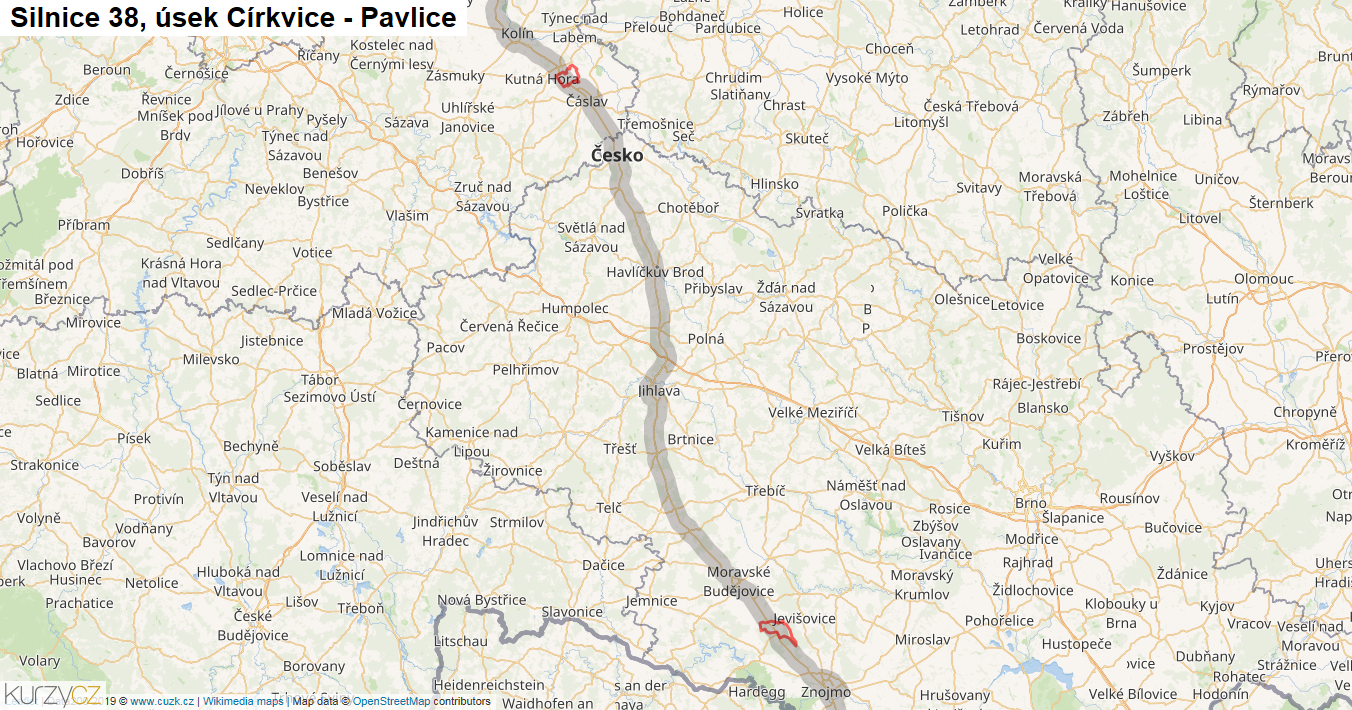 Úsek Církvice - Pavlice, Silnice 38 - Mapa