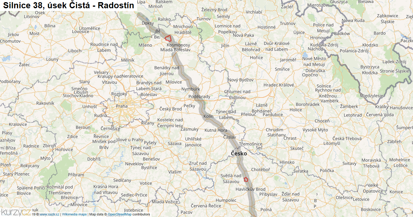 Úsek Čistá - Radostín, Silnice 38 - Mapa