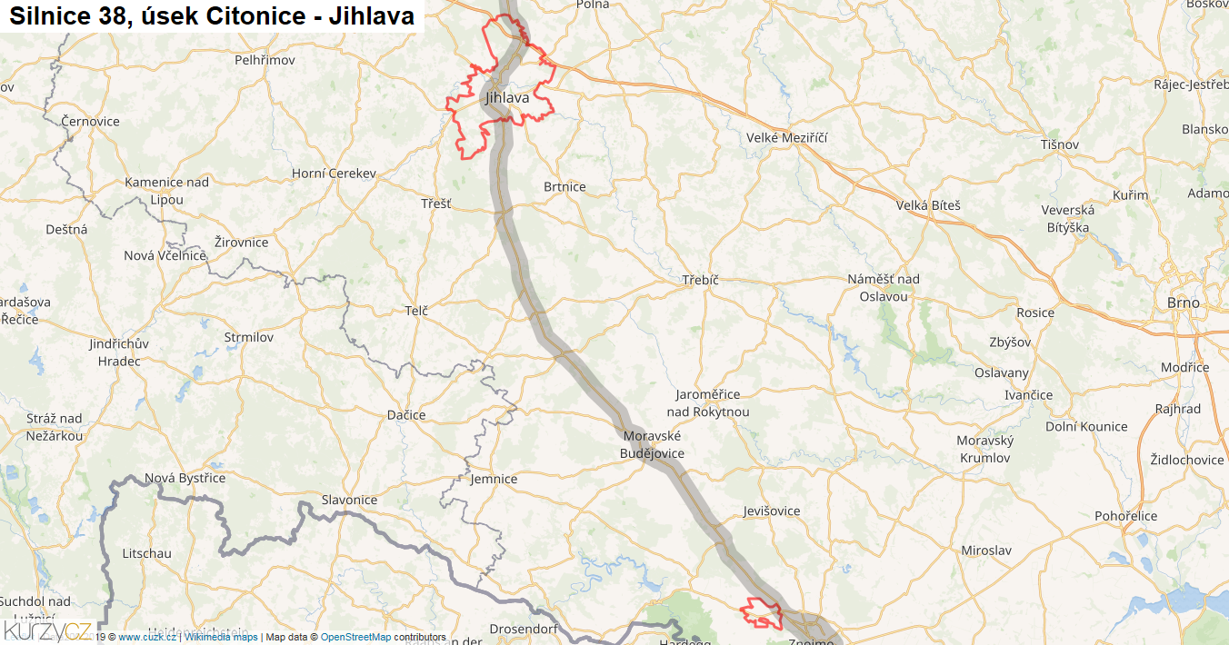 Úsek Citonice - Jihlava, Silnice 38 - Mapa
