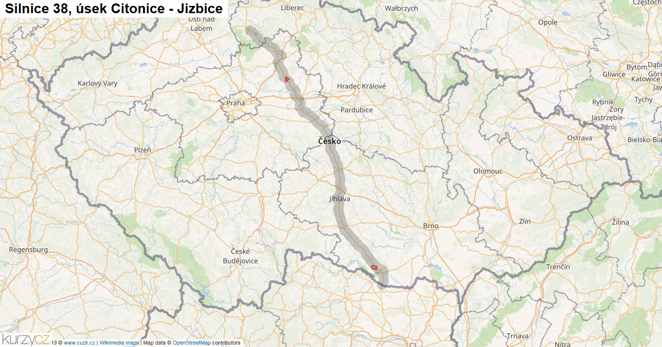 Úsek Citonice - Jizbice, Silnice 38 - Mapa