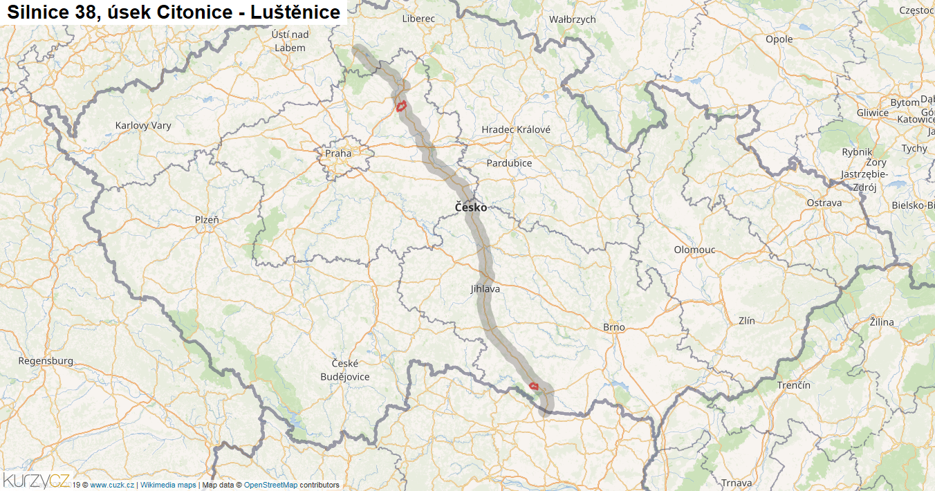 Úsek Citonice - Luštěnice, Silnice 38 - Mapa