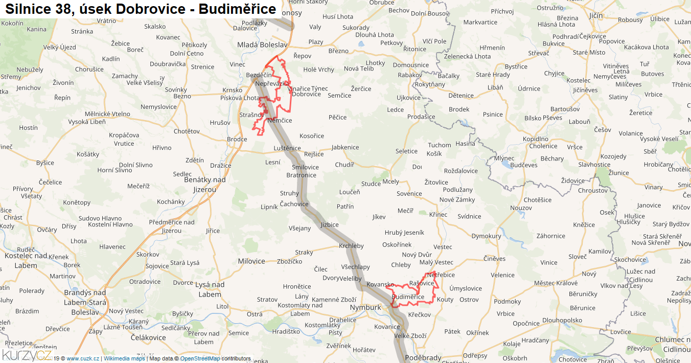 Úsek Dobrovice - Budiměřice, Silnice 38 - Mapa