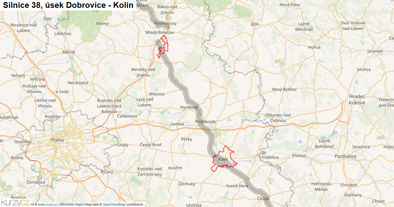 Úsek Dobrovice - Kolín, Silnice 38 - Mapa