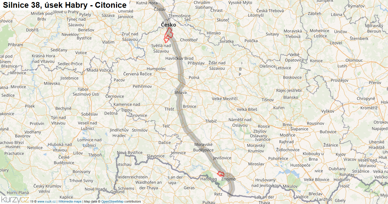Úsek Habry - Citonice, Silnice 38 - Mapa