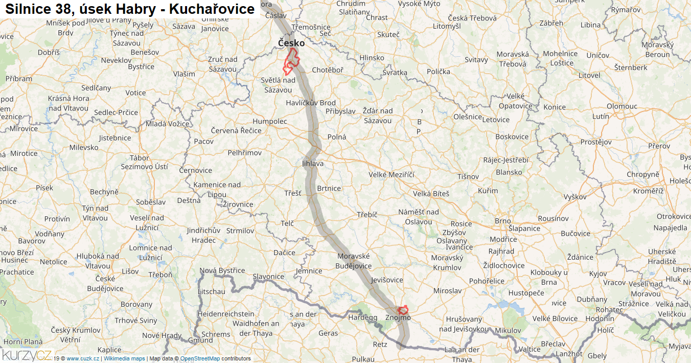 Úsek Habry - Kuchařovice, Silnice 38 - Mapa