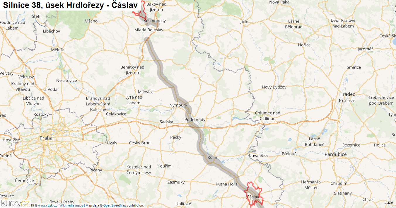 Úsek Hrdlořezy - Čáslav, Silnice 38 - Mapa