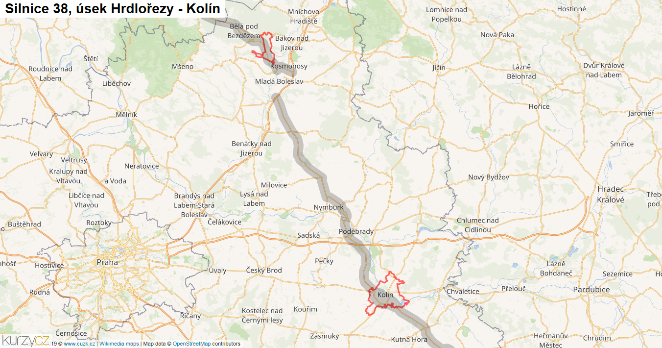 Úsek Hrdlořezy - Kolín, Silnice 38 - Mapa