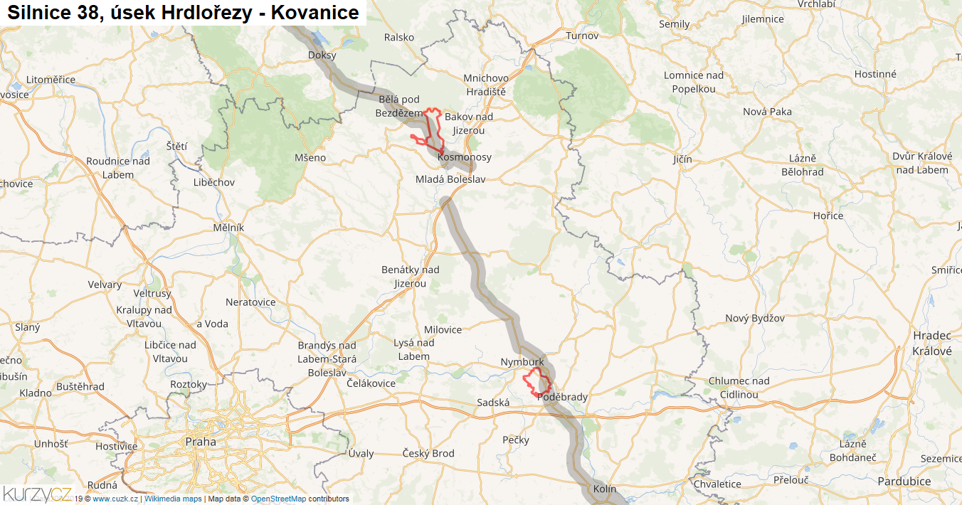 Úsek Hrdlořezy - Kovanice, Silnice 38 - Mapa