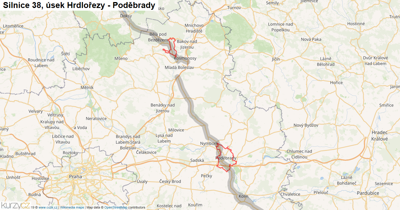 Úsek Hrdlořezy - Poděbrady, Silnice 38 - Mapa