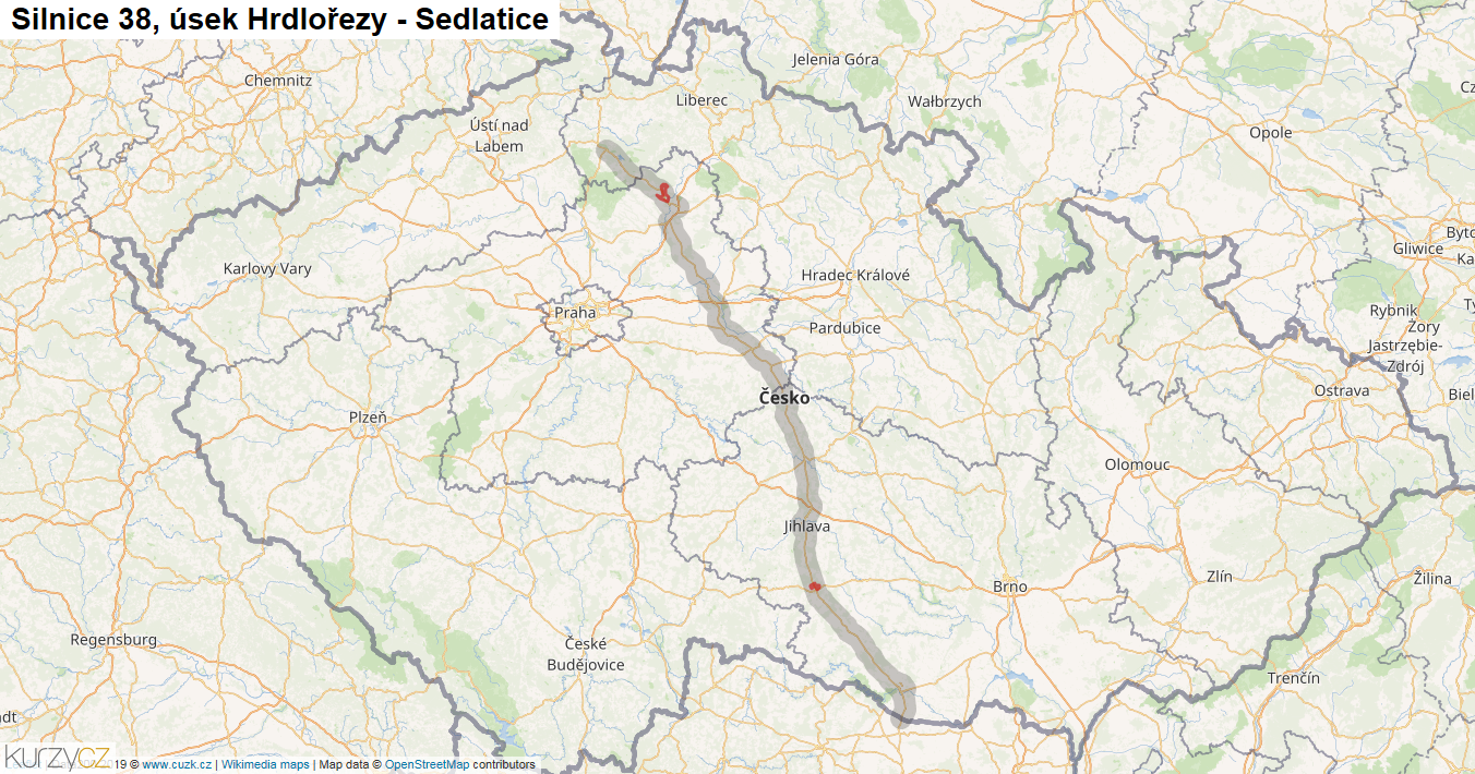 Úsek Hrdlořezy - Sedlatice, Silnice 38 - Mapa