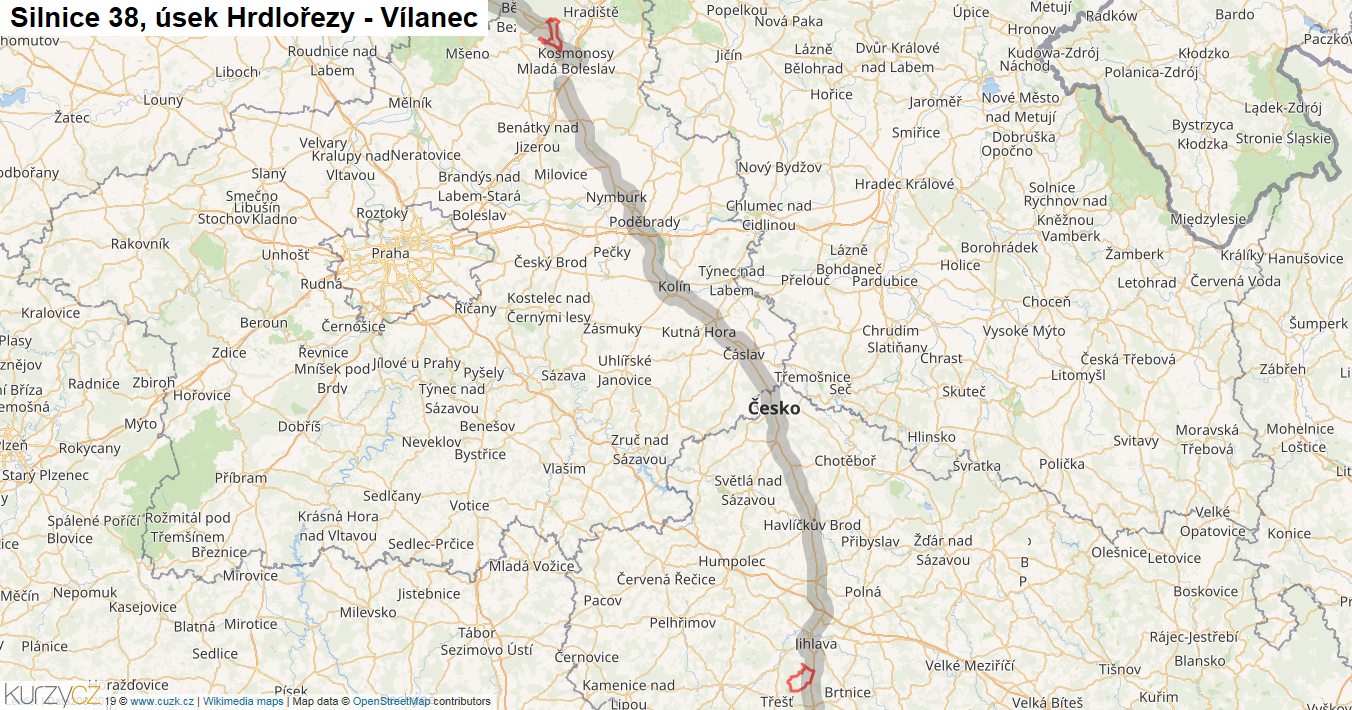 Úsek Hrdlořezy - Vílanec, Silnice 38 - Mapa