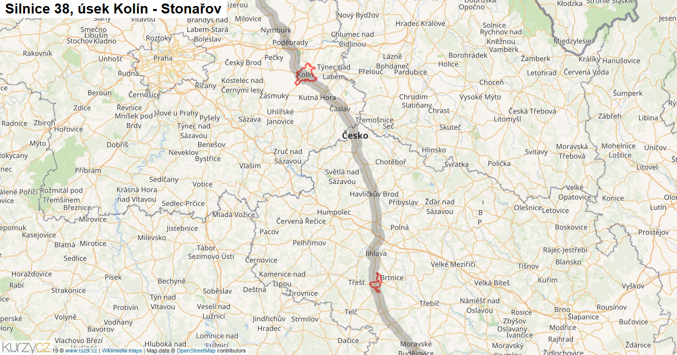 Úsek Kolín - Stonařov, Silnice 38 - Mapa