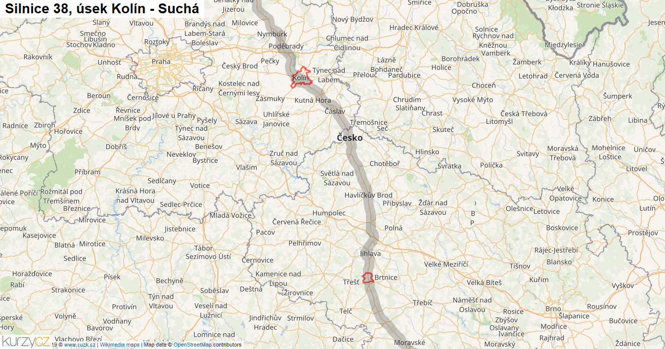 Úsek Kolín - Suchá, Silnice 38 - Mapa