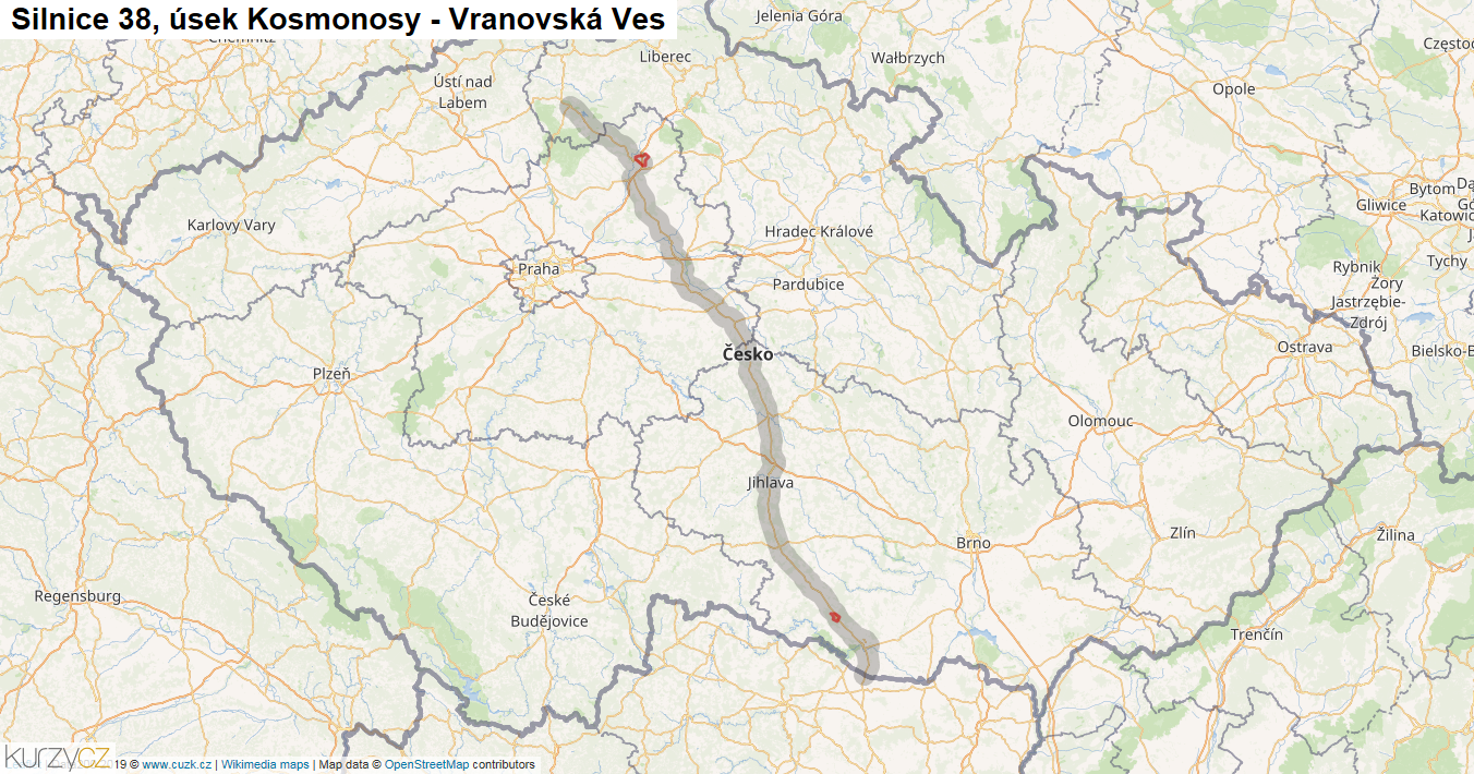 Úsek Kosmonosy - Vranovská Ves, Silnice 38 - Mapa