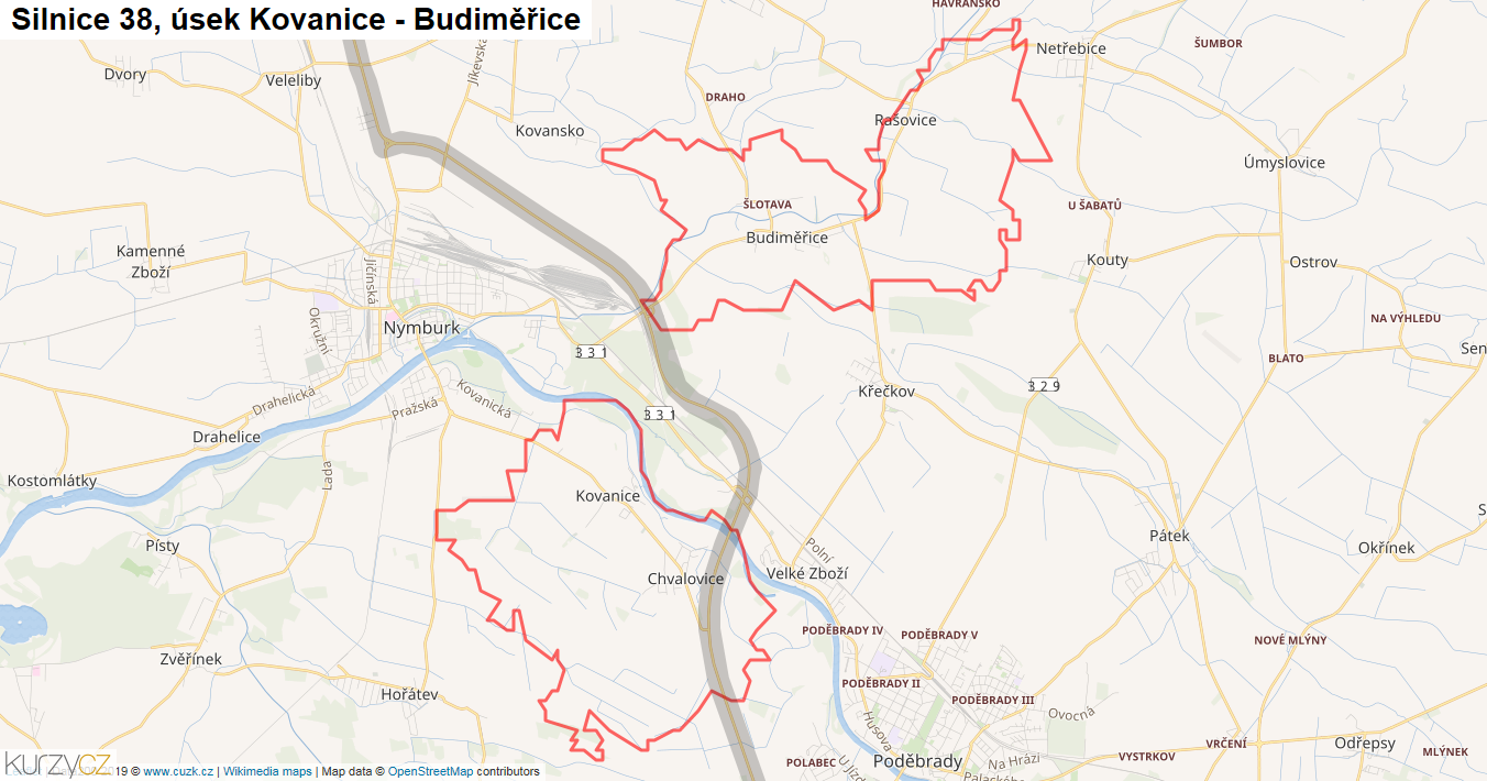 Úsek Kovanice - Budiměřice, Silnice 38 - Mapa